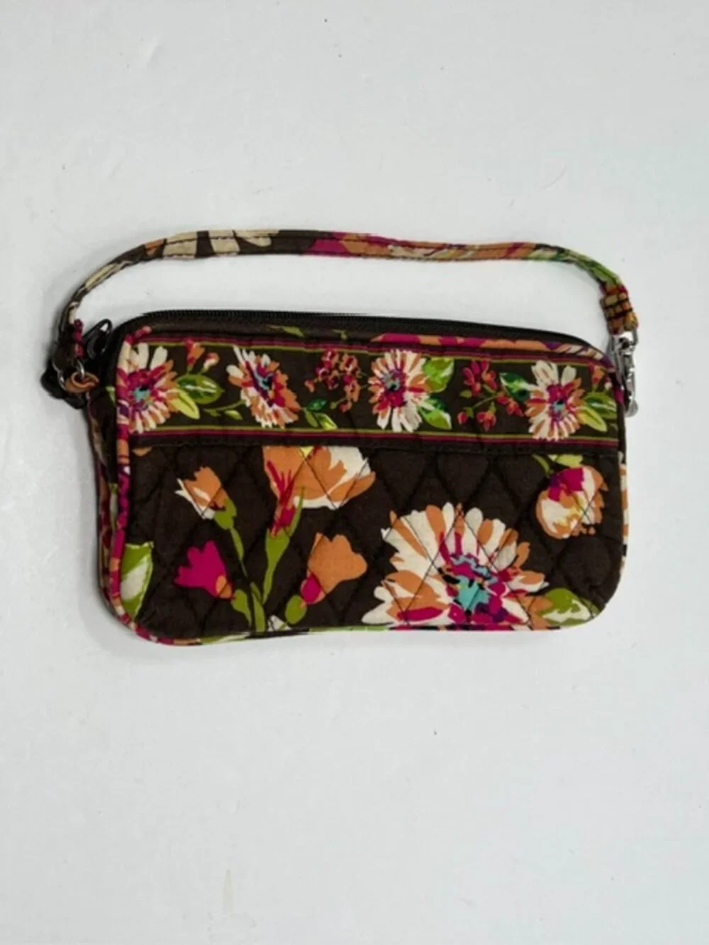 Vera Bradley Brown Floral Top Zip Wristlet EUC
